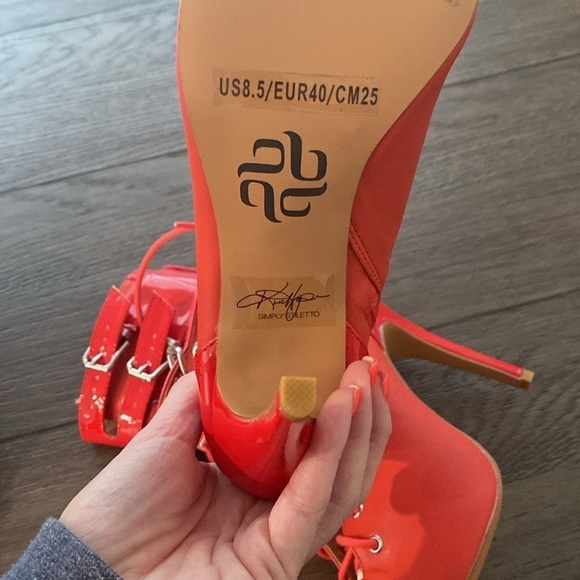 NWT BURJU Under The Influence Open Toe Lace Up Buckle Ankle Boots | Red 6 - Picture 11 of 12